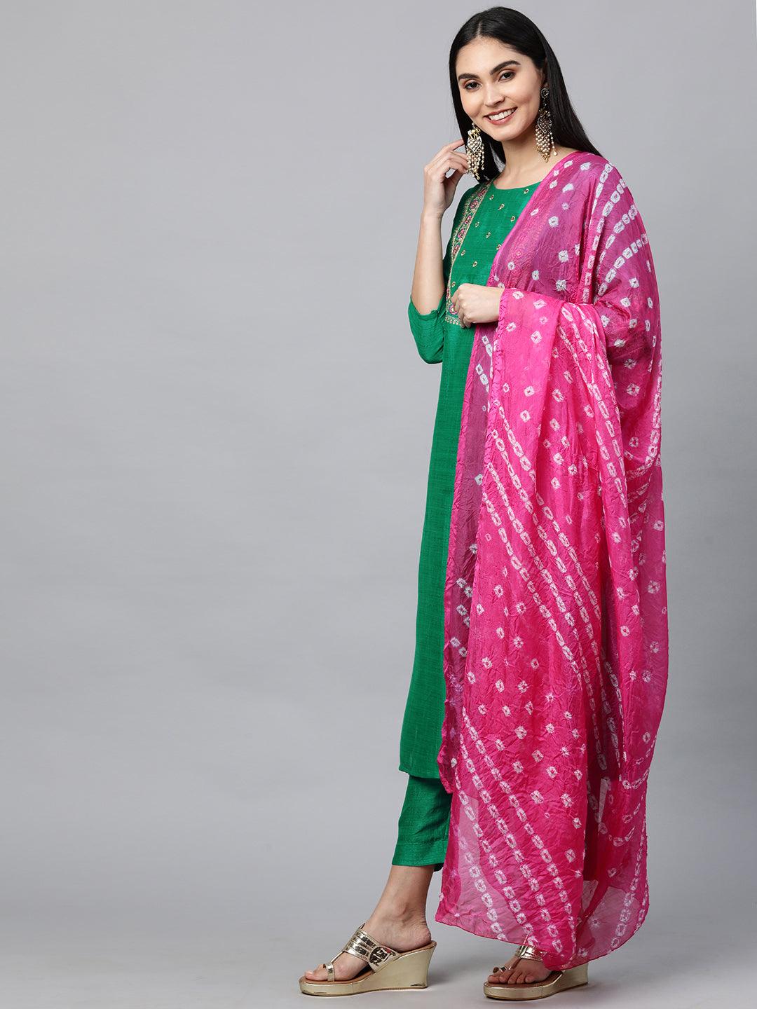 Floral Embroidered Kurta with Solid Pant with Bandhani Dupatta - Green - Indiakreations