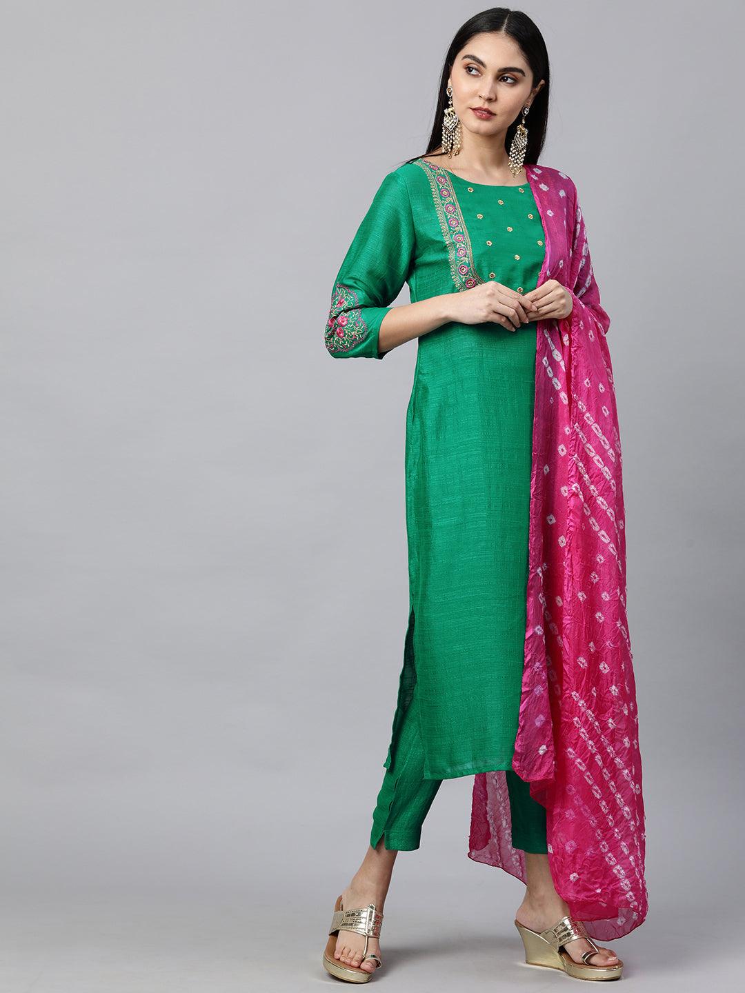 Floral Embroidered Kurta with Solid Pant with Bandhani Dupatta - Green - Indiakreations