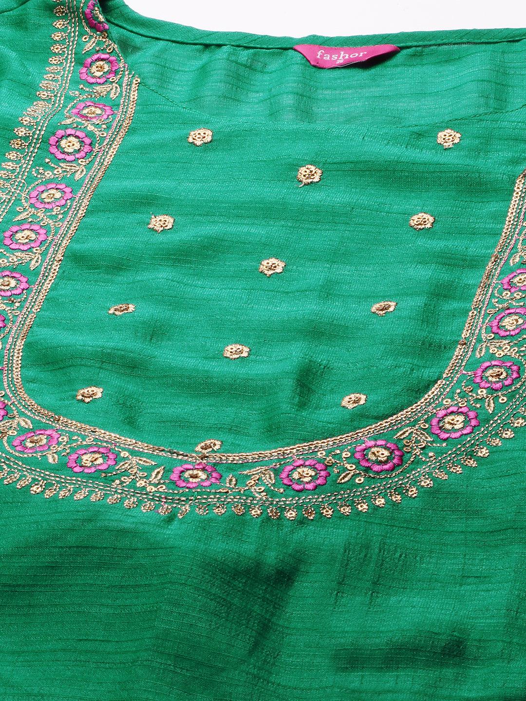 Floral Embroidered Kurta with Solid Pant with Bandhani Dupatta - Green - Indiakreations