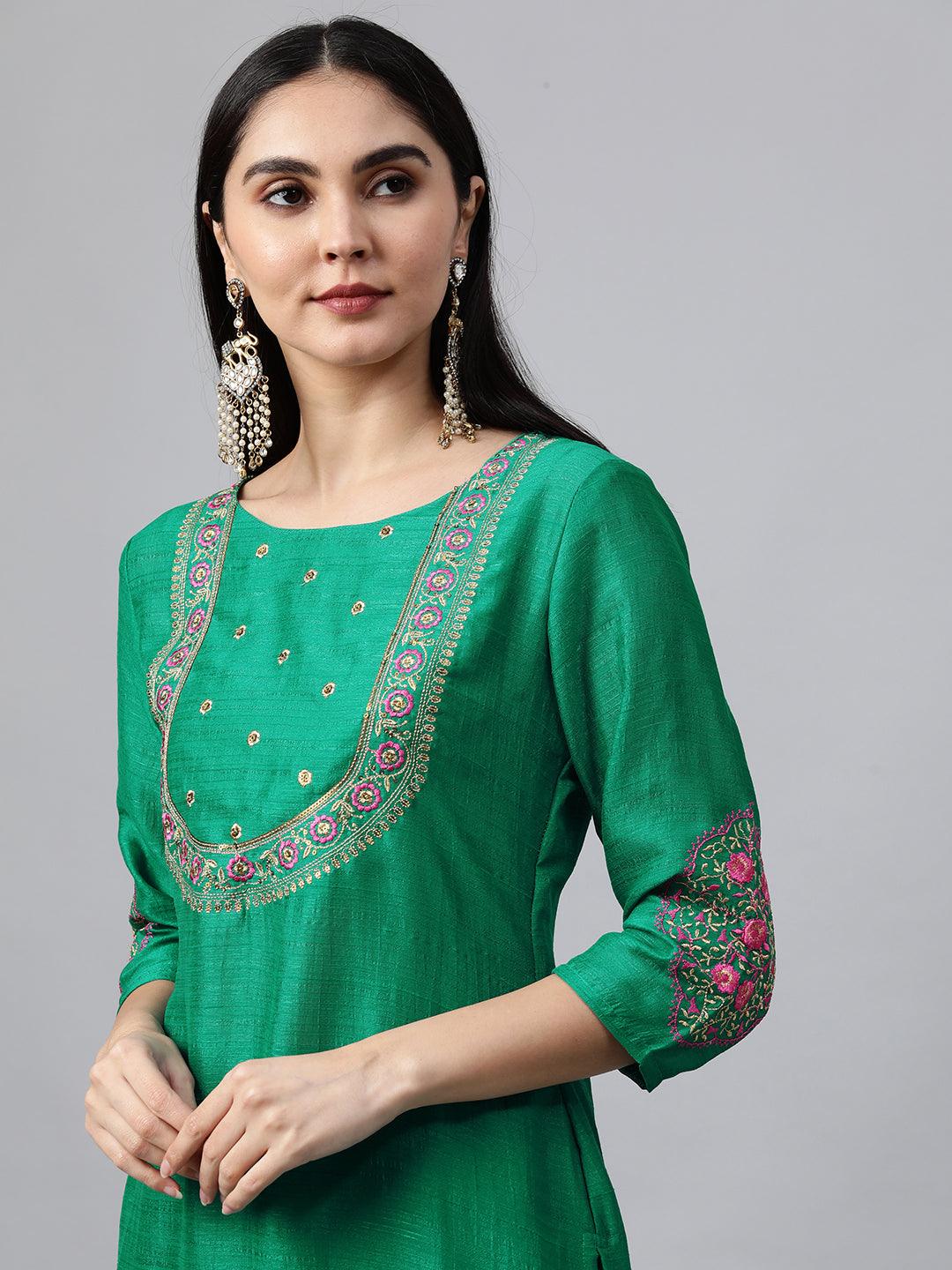 Floral Embroidered Kurta with Solid Pant with Bandhani Dupatta - Green - Indiakreations