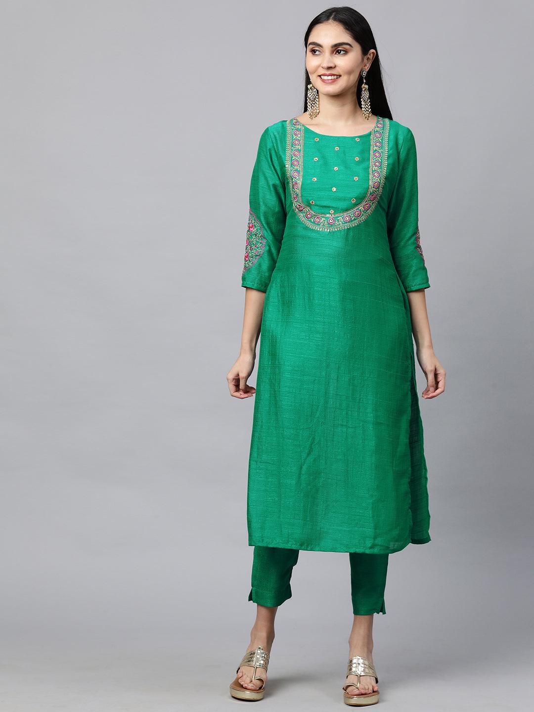 Floral Embroidered Kurta with Solid Pant with Bandhani Dupatta - Green - Indiakreations