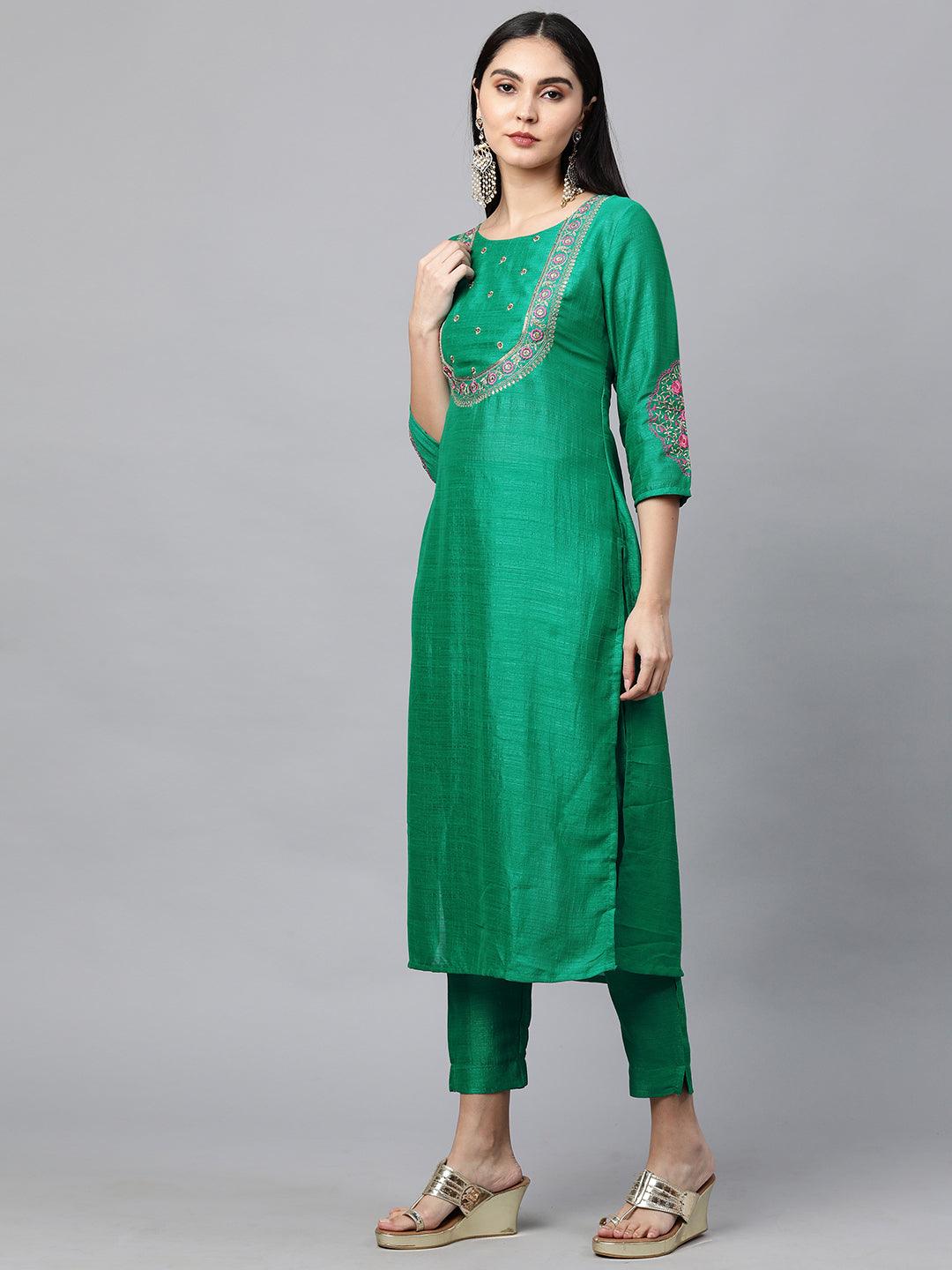 Floral Embroidered Kurta with Solid Pant with Bandhani Dupatta - Green - Indiakreations