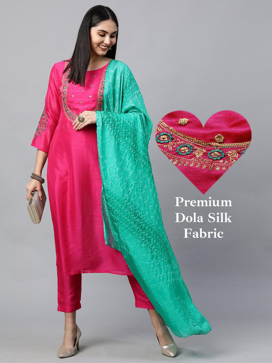 Floral Embroidered Kurta with Solid Pant with Bandhani Dupatta - Hot Pink - Indiakreations