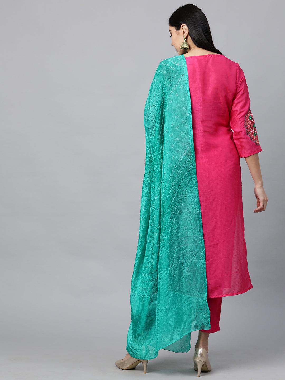 Floral Embroidered Kurta with Solid Pant with Bandhani Dupatta - Hot Pink - Indiakreations