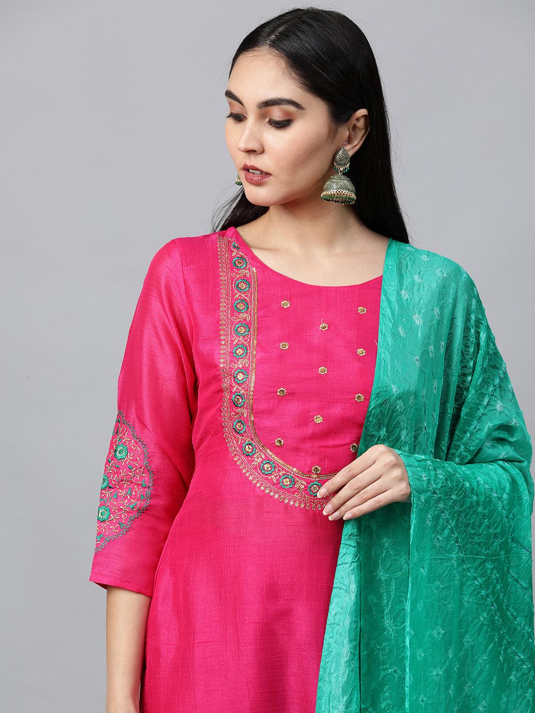 Floral Embroidered Kurta with Solid Pant with Bandhani Dupatta - Hot Pink - Indiakreations