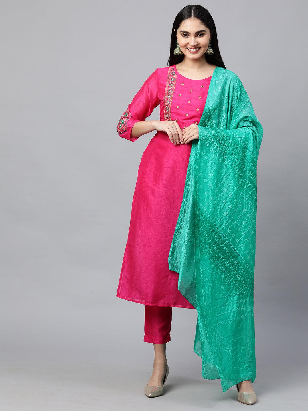 Floral Embroidered Kurta with Solid Pant with Bandhani Dupatta - Hot Pink - Indiakreations