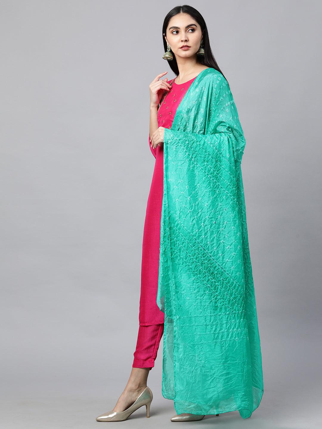 Floral Embroidered Kurta with Solid Pant with Bandhani Dupatta - Hot Pink - Indiakreations