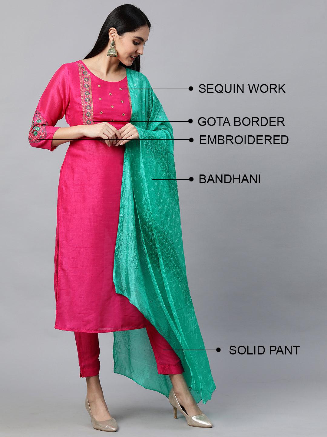 Floral Embroidered Kurta with Solid Pant with Bandhani Dupatta - Hot Pink - Indiakreations