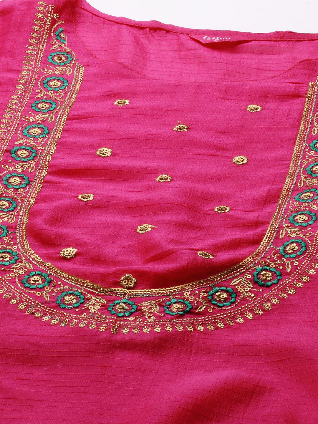 Floral Embroidered Kurta with Solid Pant with Bandhani Dupatta - Hot Pink - Indiakreations