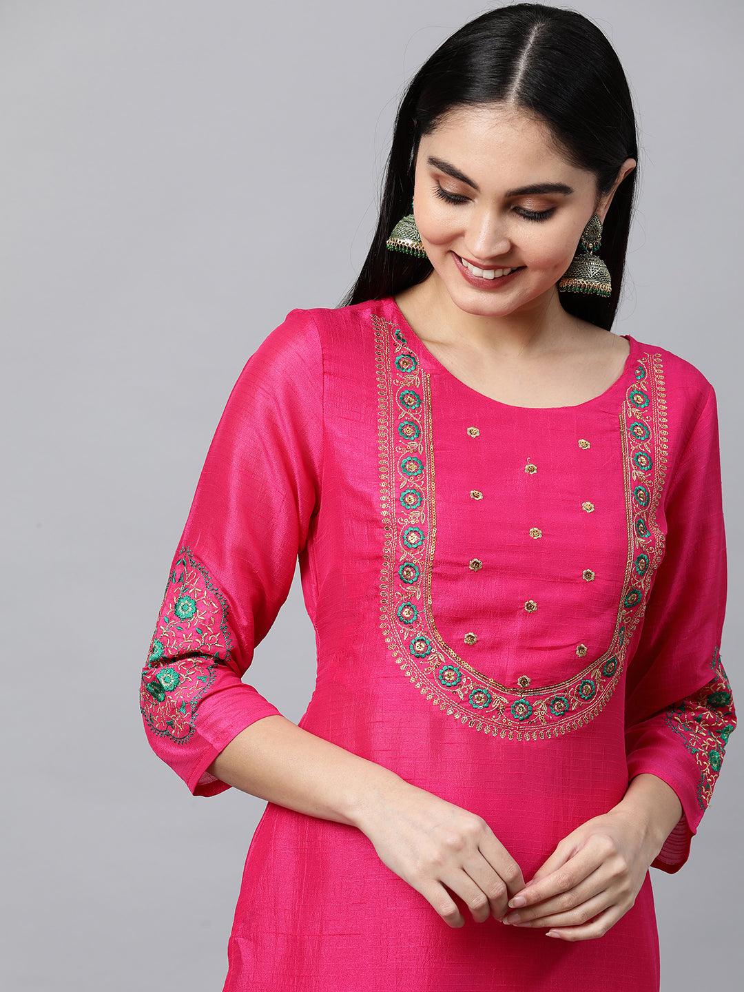 Floral Embroidered Kurta with Solid Pant with Bandhani Dupatta - Hot Pink - Indiakreations