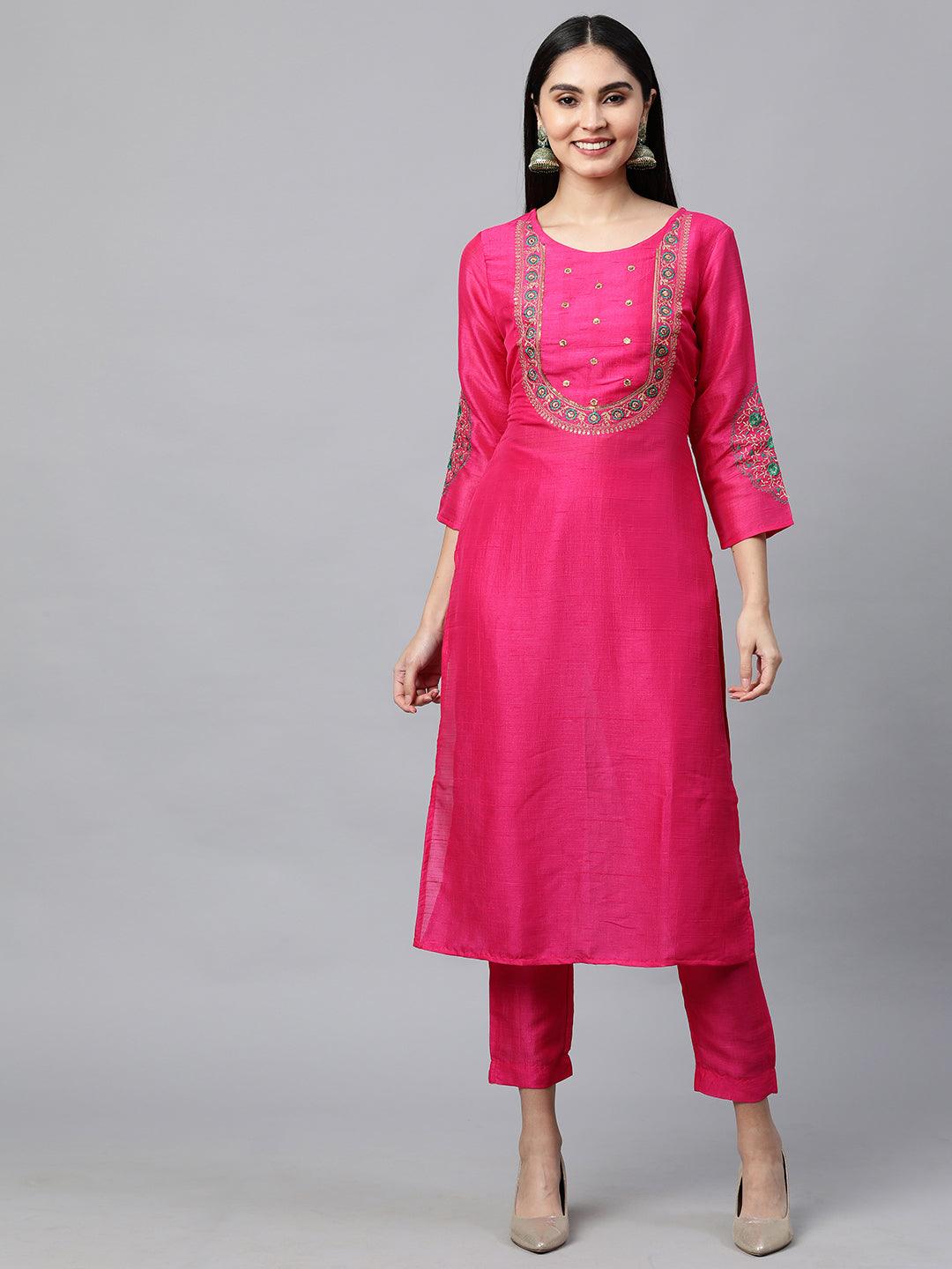 Floral Embroidered Kurta with Solid Pant with Bandhani Dupatta - Hot Pink - Indiakreations