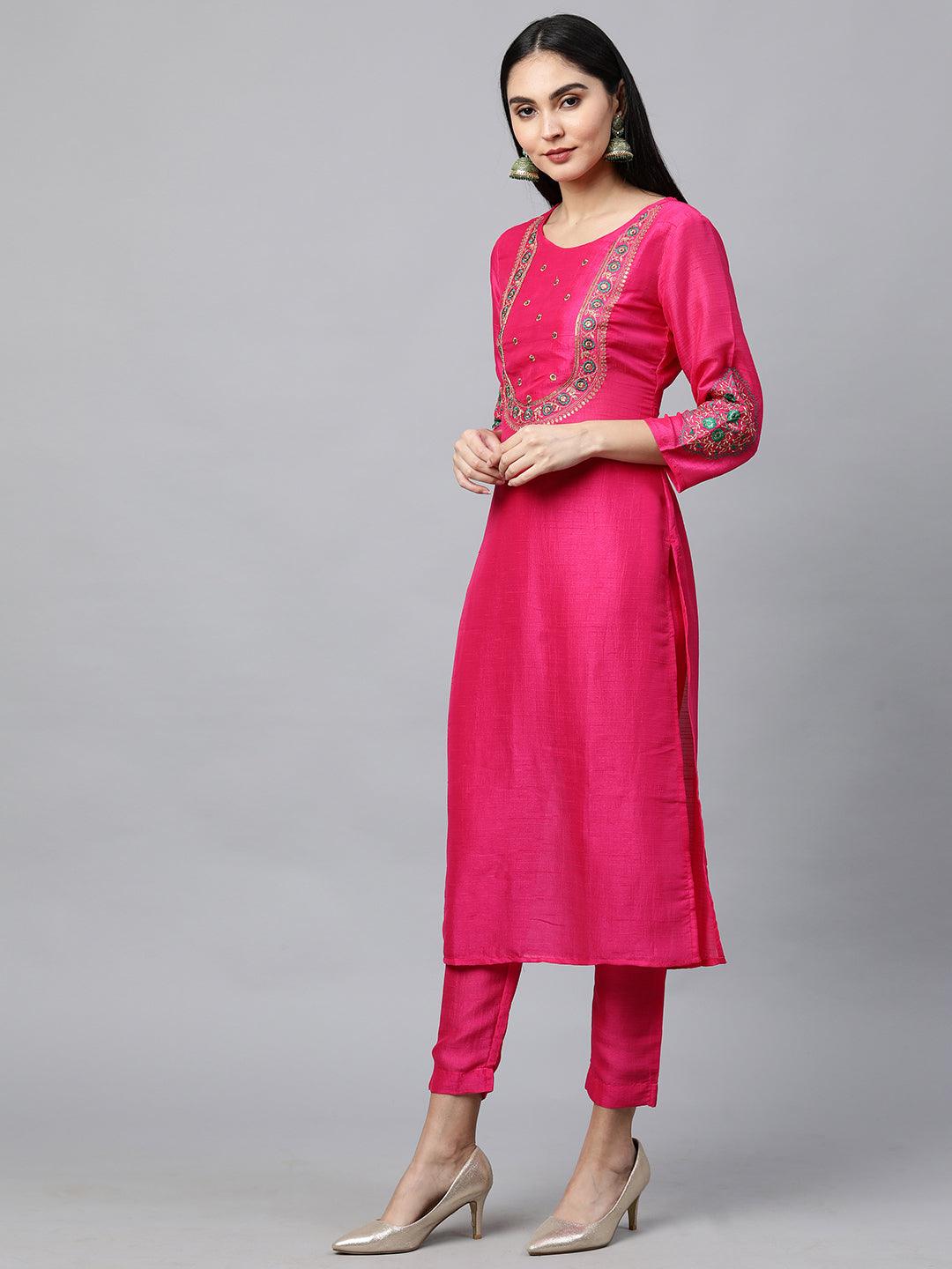 Floral Embroidered Kurta with Solid Pant with Bandhani Dupatta - Hot Pink - Indiakreations