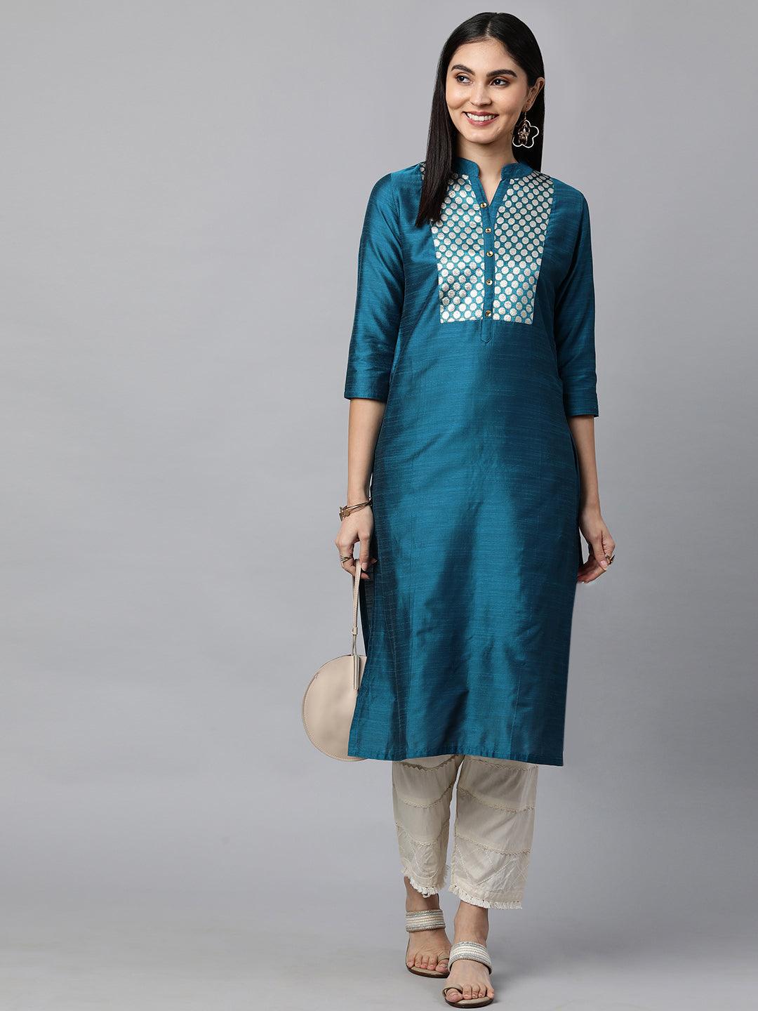 Woven Zari Pattern Straight Kurta - Teal Blue - Indiakreations