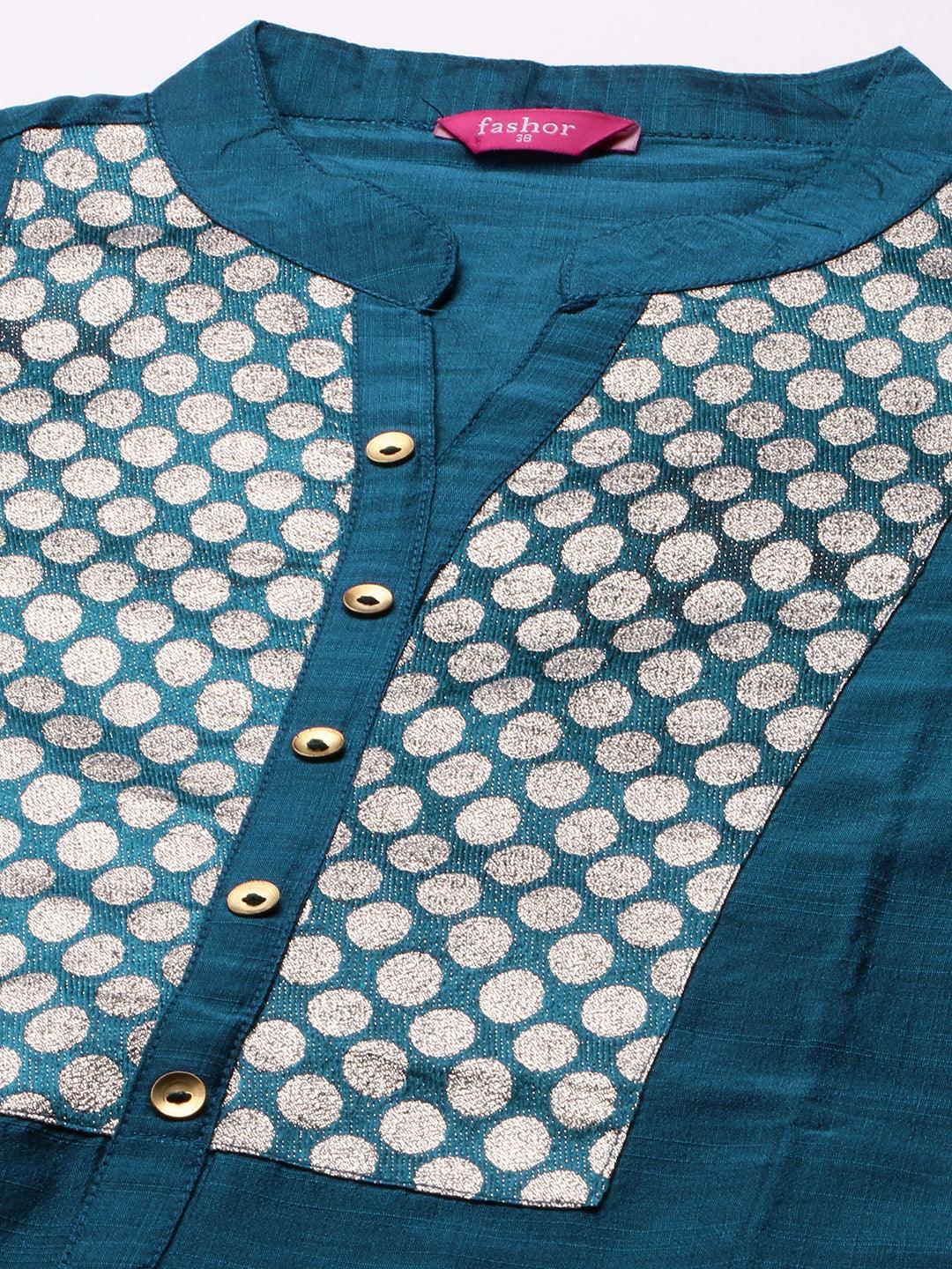 Woven Zari Pattern Straight Kurta - Teal Blue - Indiakreations