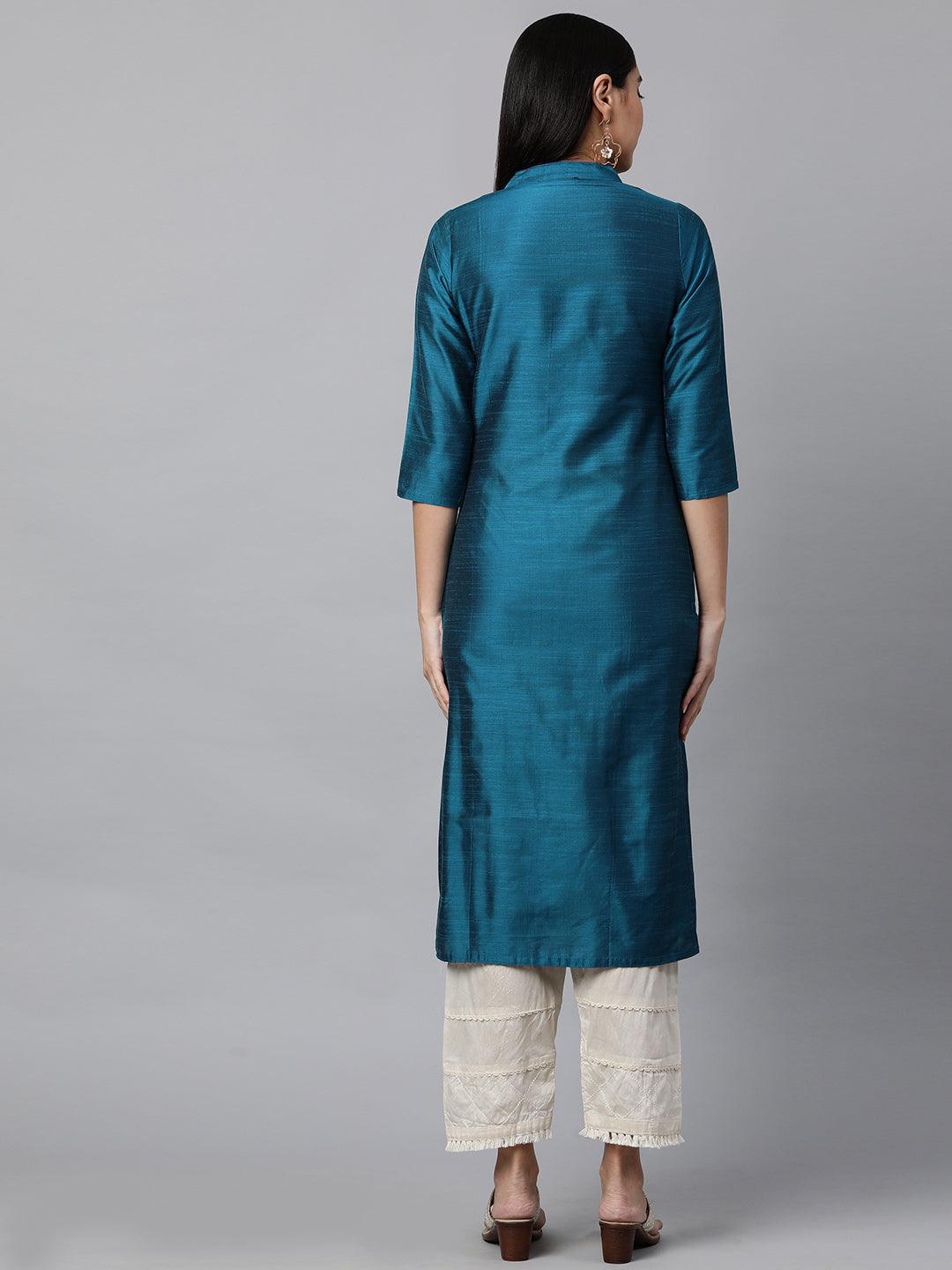 Woven Zari Pattern Straight Kurta - Teal Blue - Indiakreations