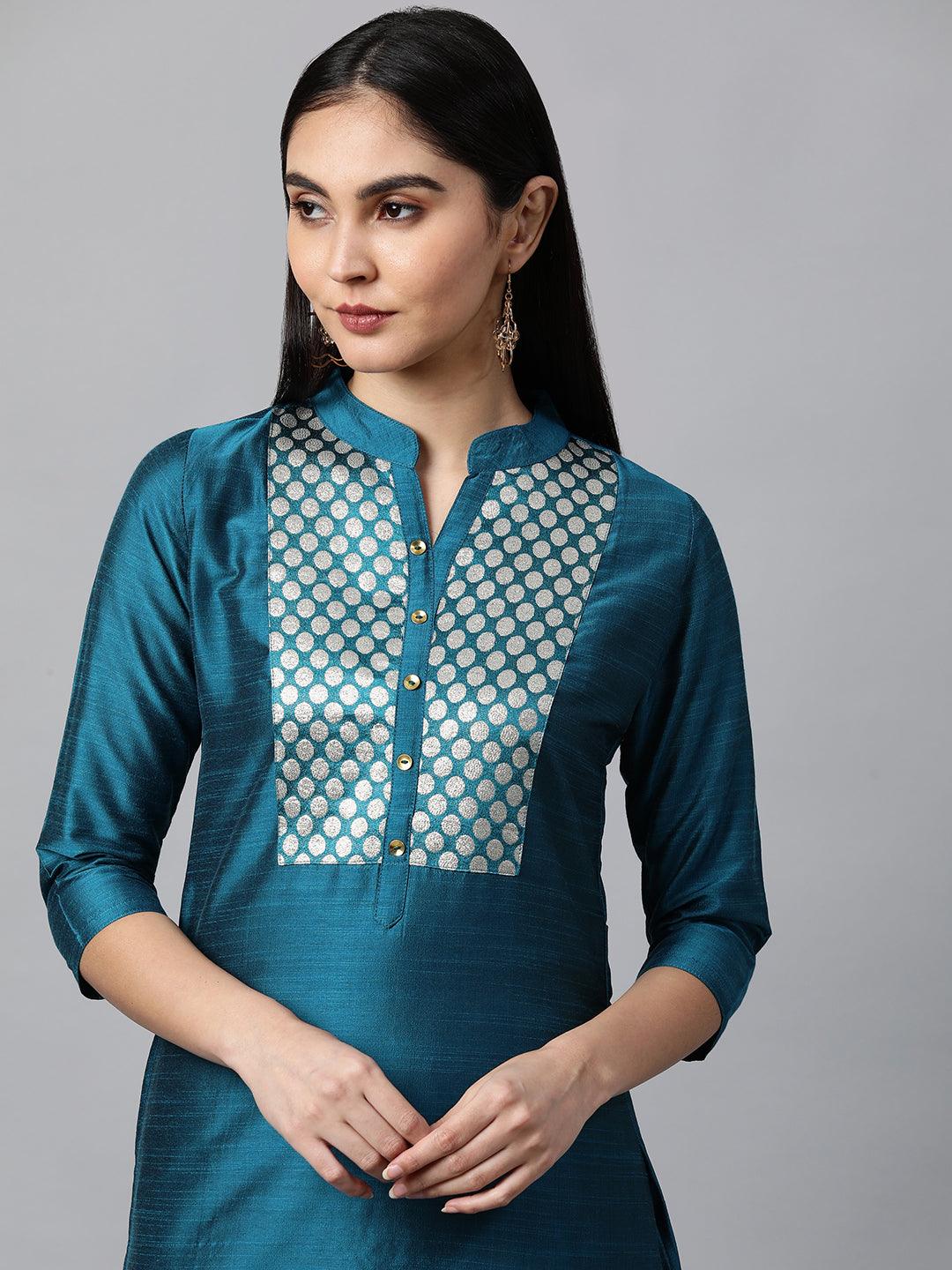 Woven Zari Pattern Straight Kurta - Teal Blue - Indiakreations