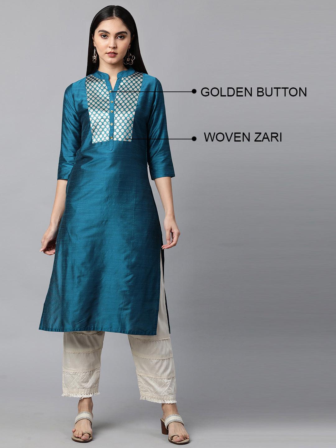 Woven Zari Pattern Straight Kurta - Teal Blue - Indiakreations