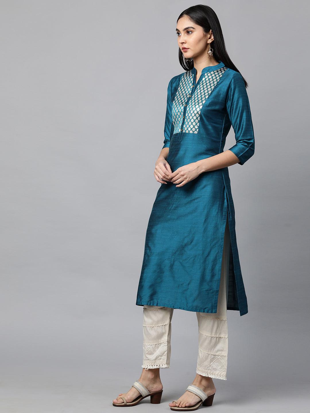 Woven Zari Pattern Straight Kurta - Teal Blue - Indiakreations