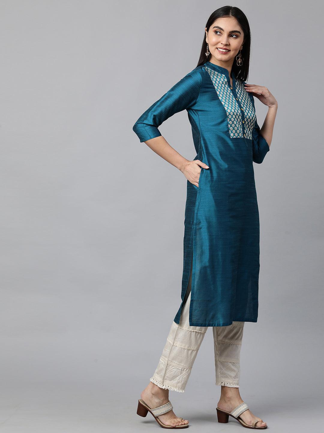 Woven Zari Pattern Straight Kurta - Teal Blue - Indiakreations