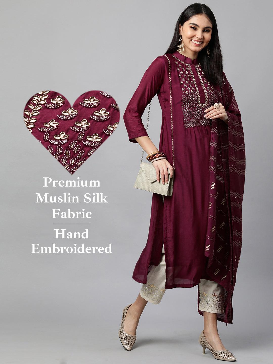 Festive Embroidered Kurta with Woven Zari Dupatta - Burgundy - Indiakreations