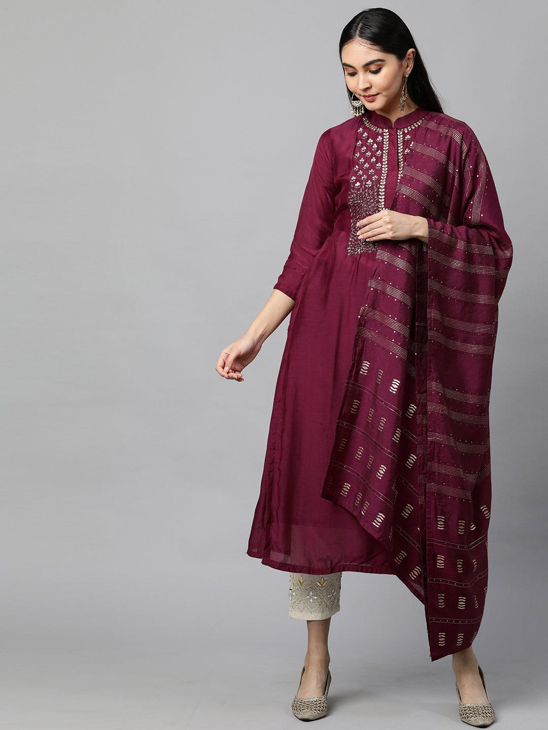 Festive Embroidered Kurta with Woven Zari Dupatta - Burgundy - Indiakreations