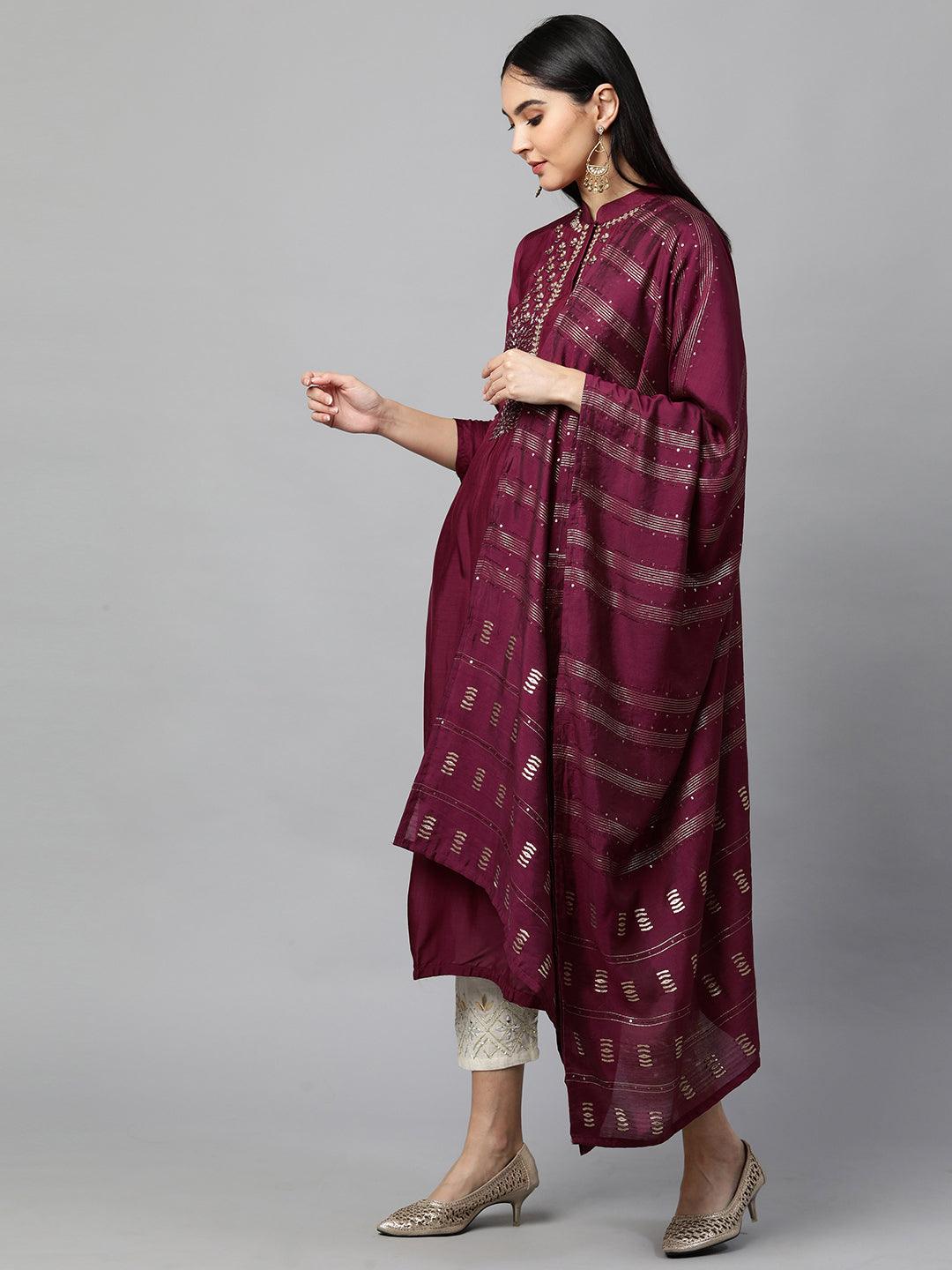 Festive Embroidered Kurta with Woven Zari Dupatta - Burgundy - Indiakreations