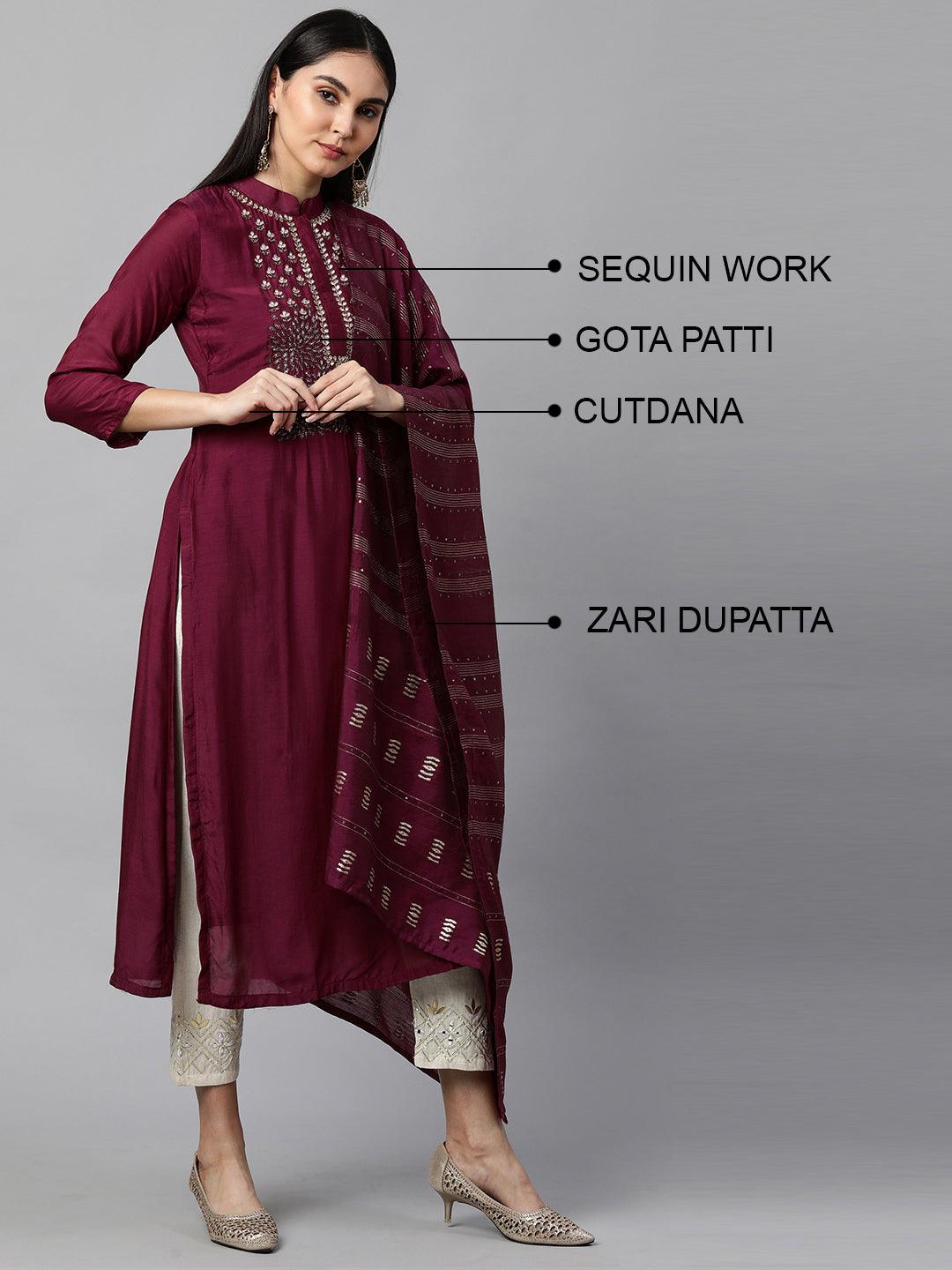 Festive Embroidered Kurta with Woven Zari Dupatta - Burgundy - Indiakreations