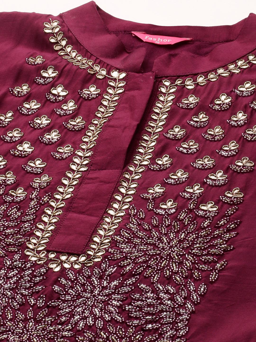 Festive Embroidered Kurta with Woven Zari Dupatta - Burgundy - Indiakreations