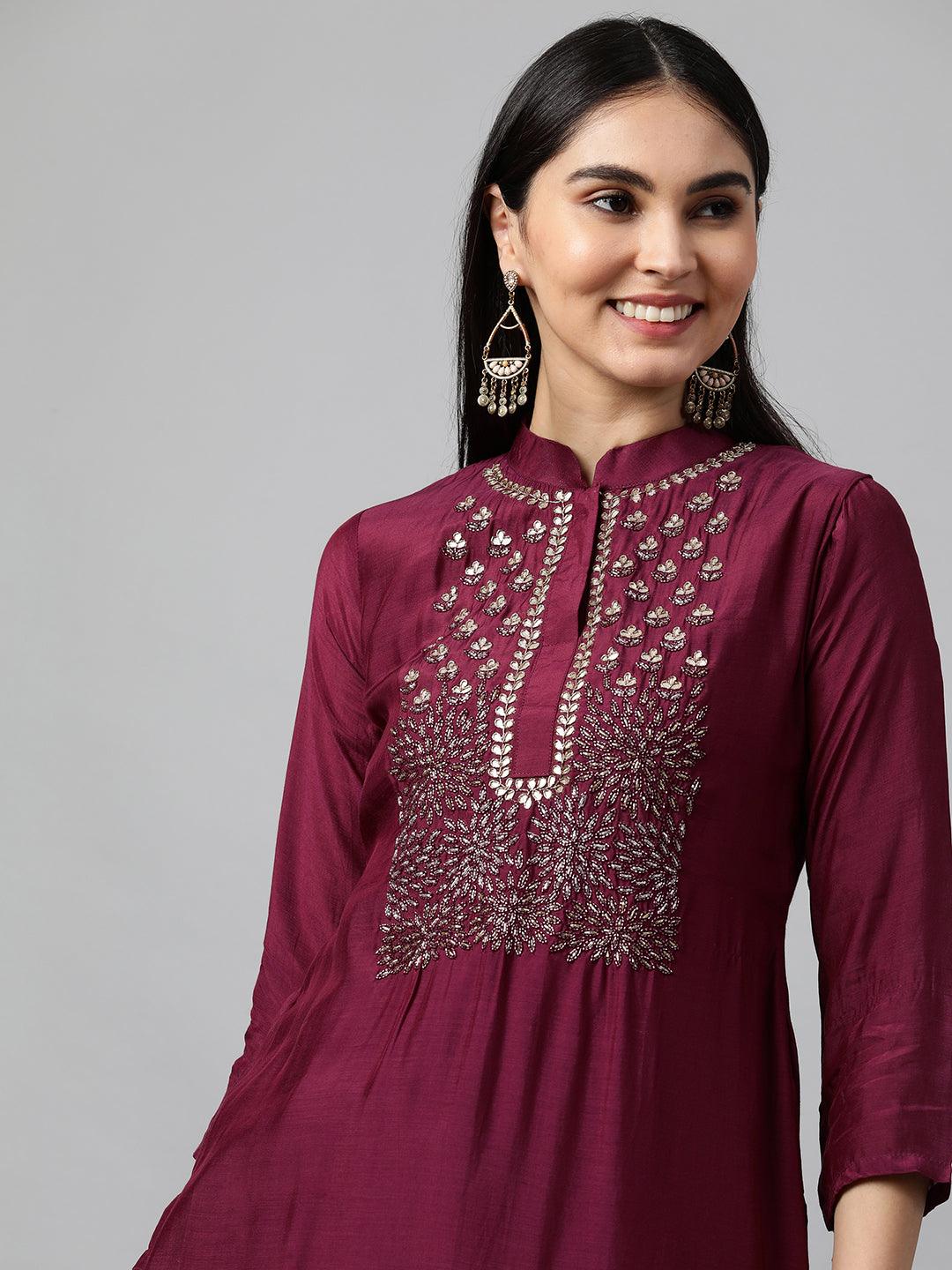 Festive Embroidered Kurta with Woven Zari Dupatta - Burgundy - Indiakreations