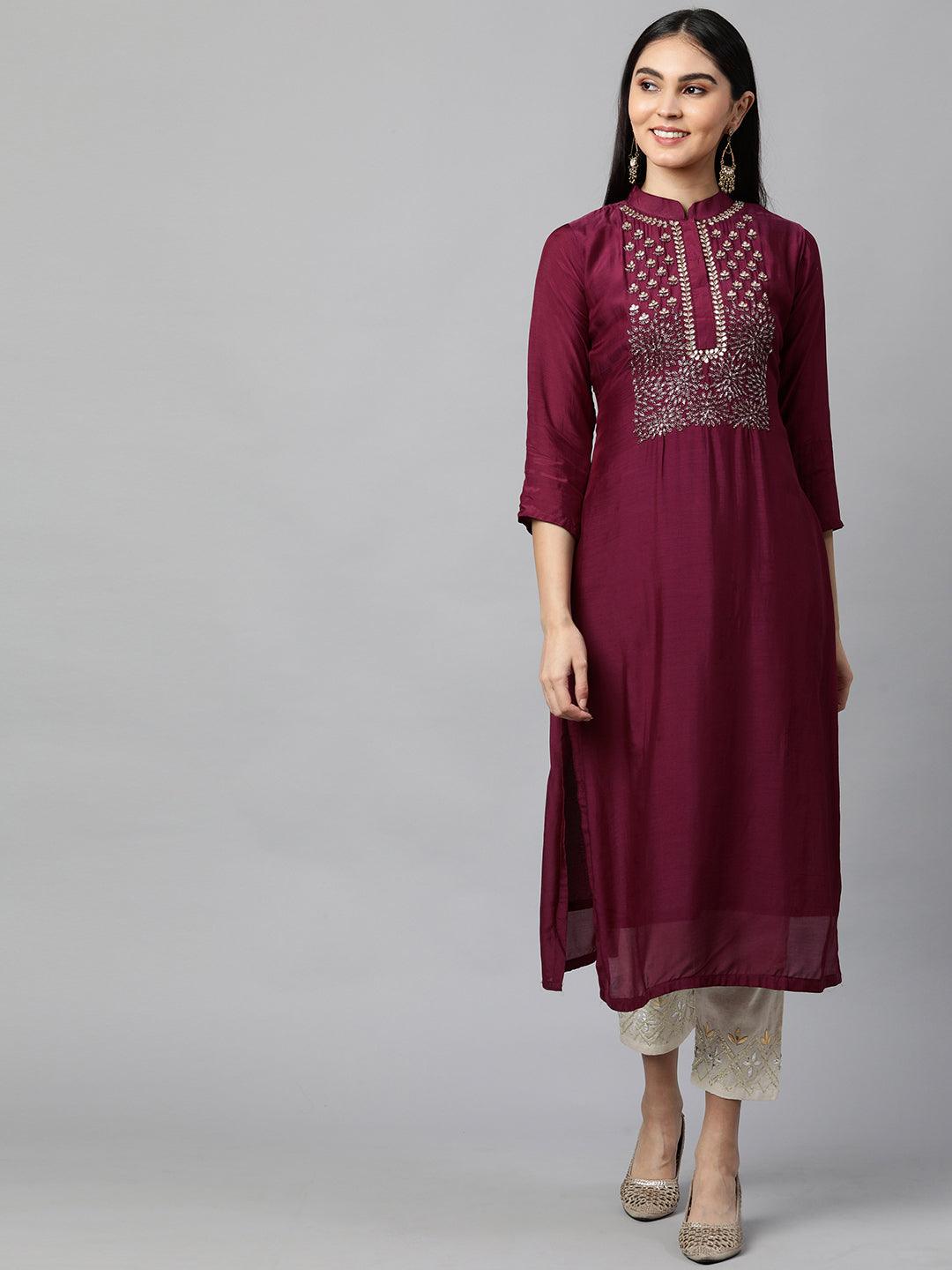 Festive Embroidered Kurta with Woven Zari Dupatta - Burgundy - Indiakreations