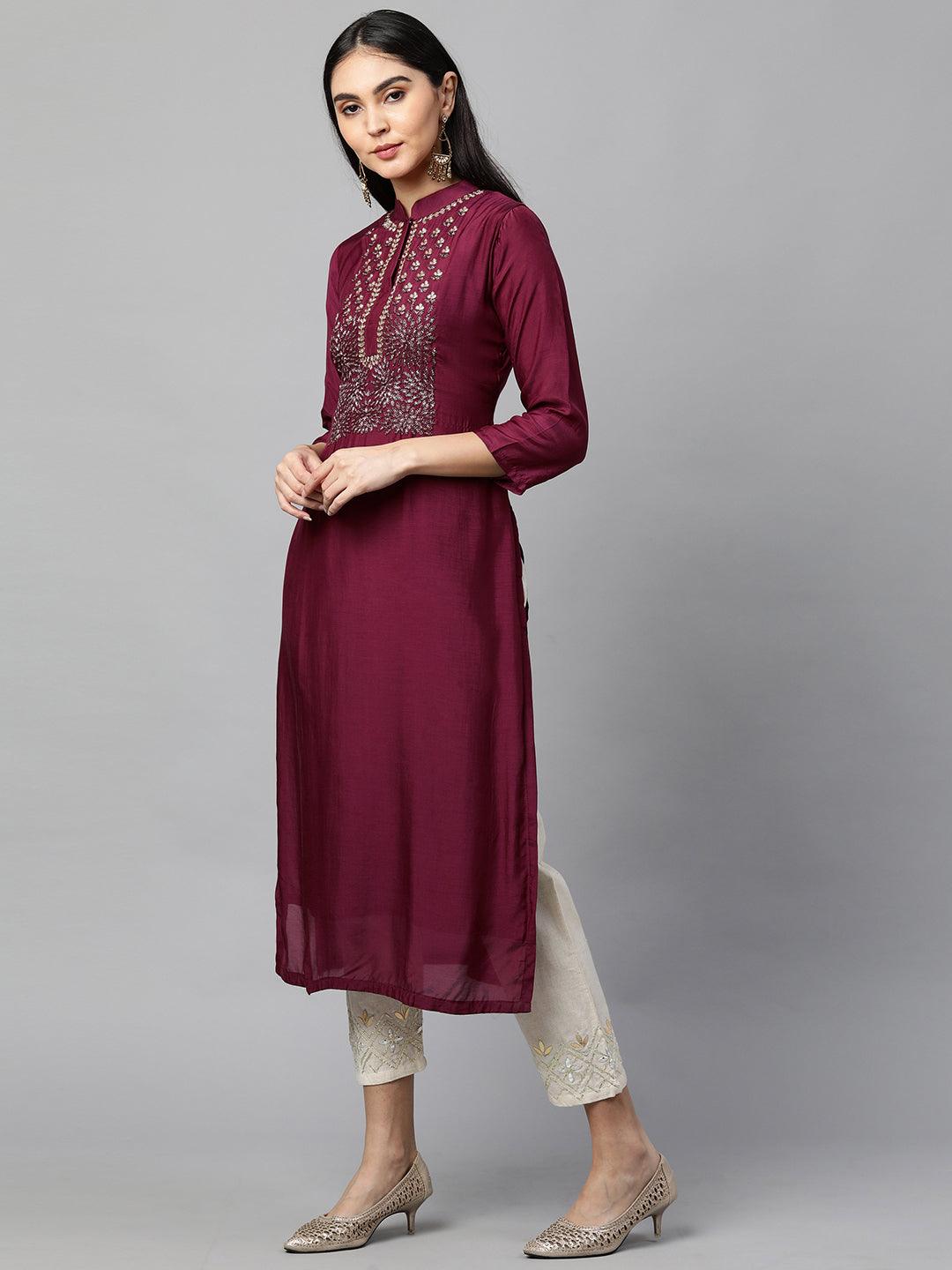 Festive Embroidered Kurta with Woven Zari Dupatta - Burgundy - Indiakreations