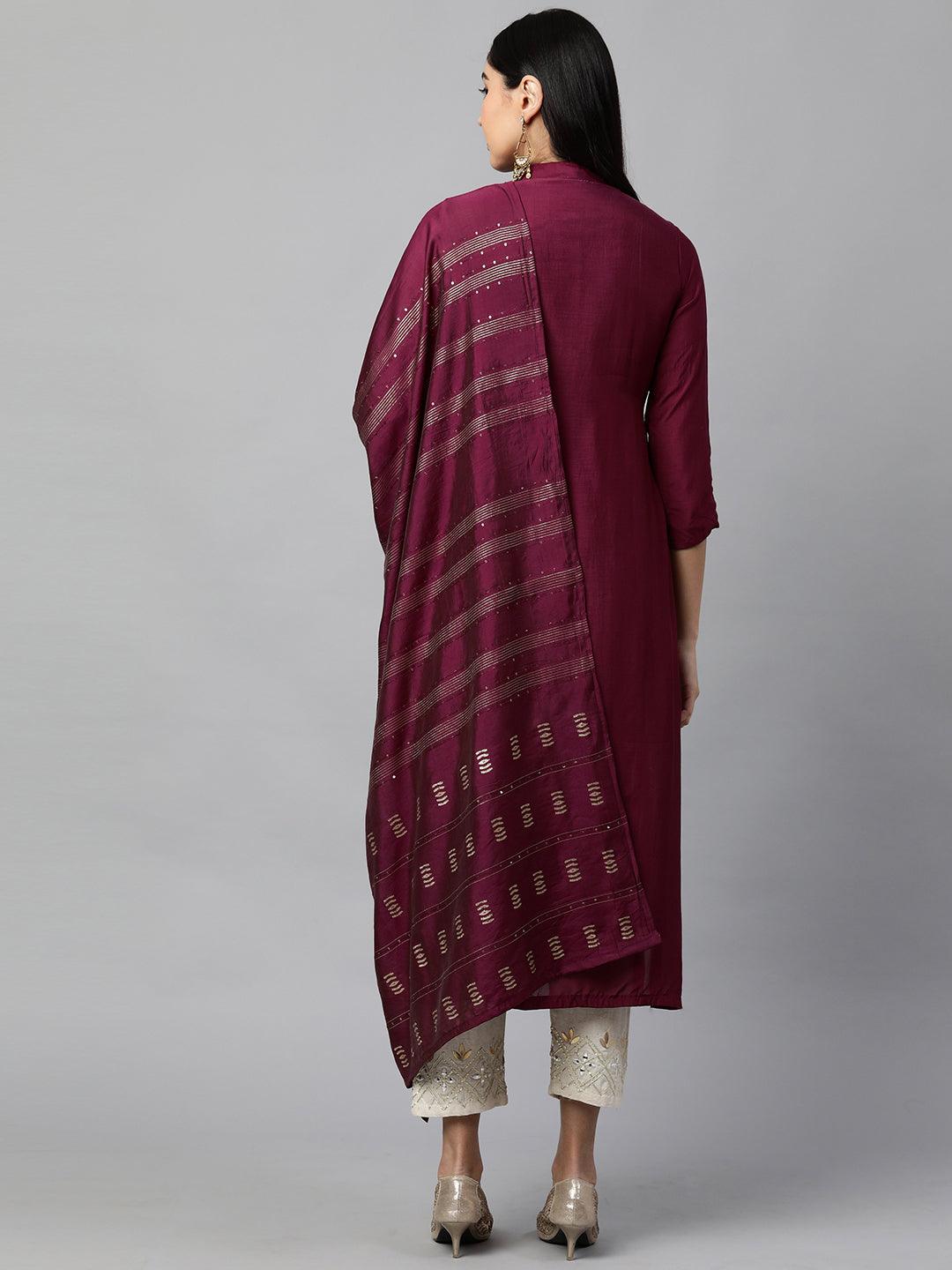 Festive Embroidered Kurta with Woven Zari Dupatta - Burgundy - Indiakreations