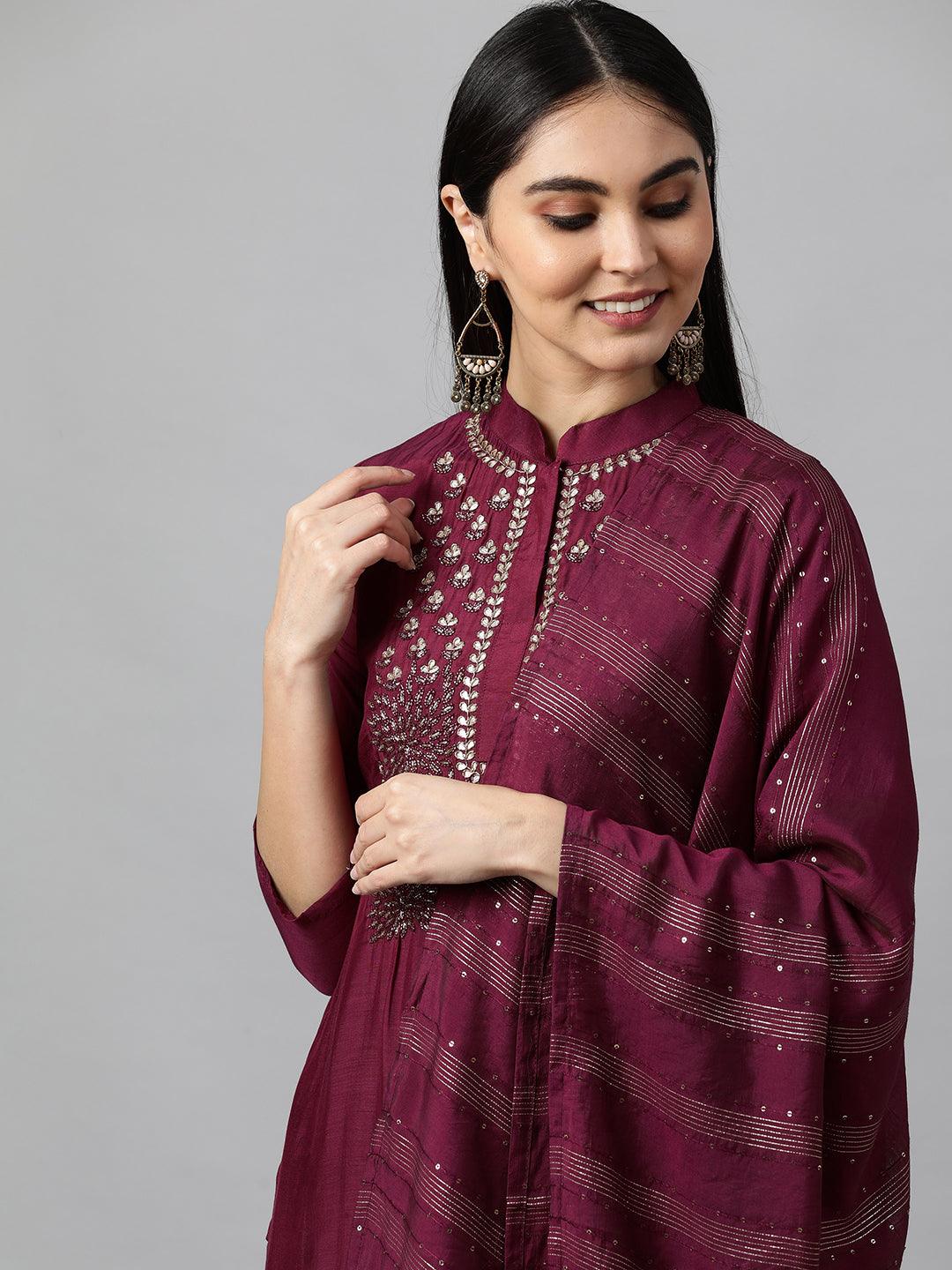 Festive Embroidered Kurta with Woven Zari Dupatta - Burgundy - Indiakreations