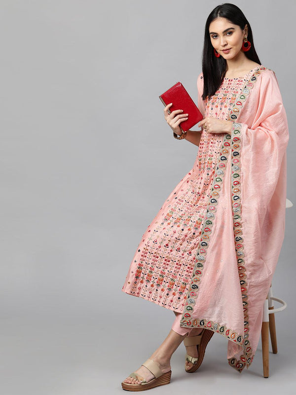 Floral Mirror Embroidered Kurta with Solid Pant and Dupatta - Peach - Indiakreations