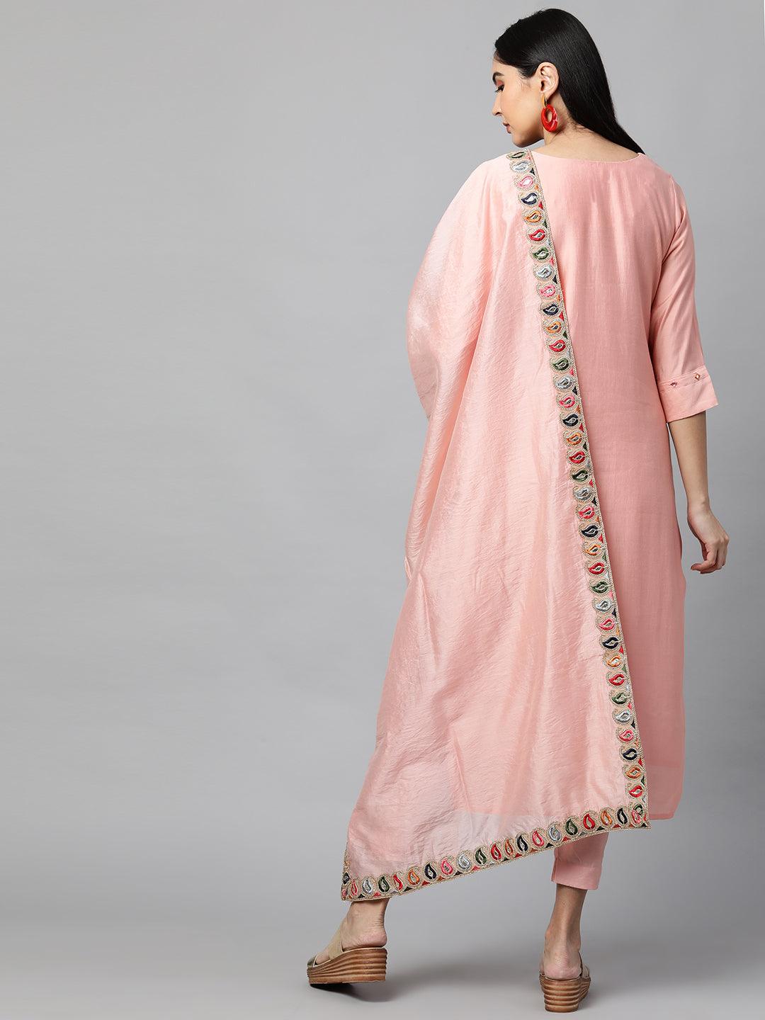 Floral Mirror Embroidered Kurta with Solid Pant and Dupatta - Peach - Indiakreations