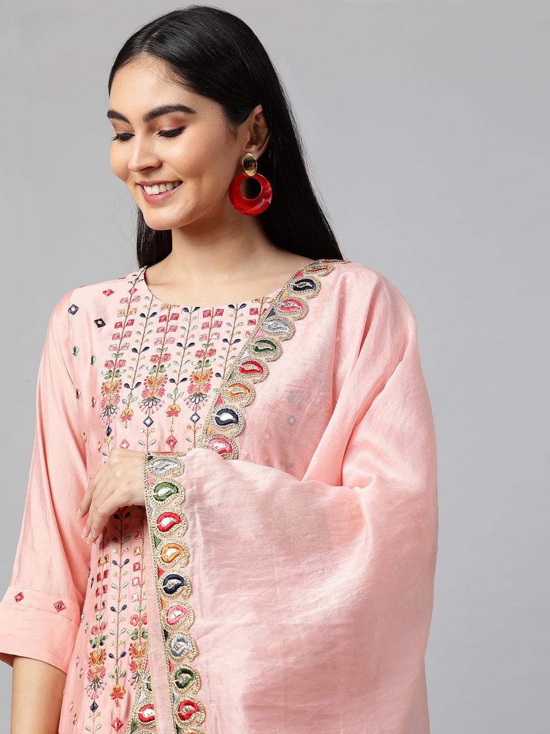 Floral Mirror Embroidered Kurta with Solid Pant and Dupatta - Peach - Indiakreations