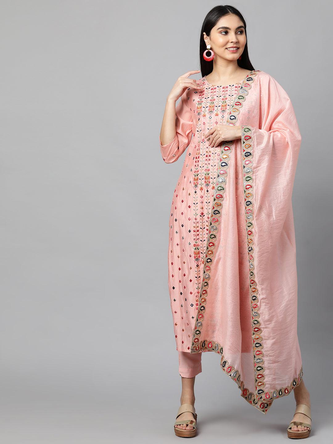 Floral Mirror Embroidered Kurta with Solid Pant and Dupatta - Peach - Indiakreations