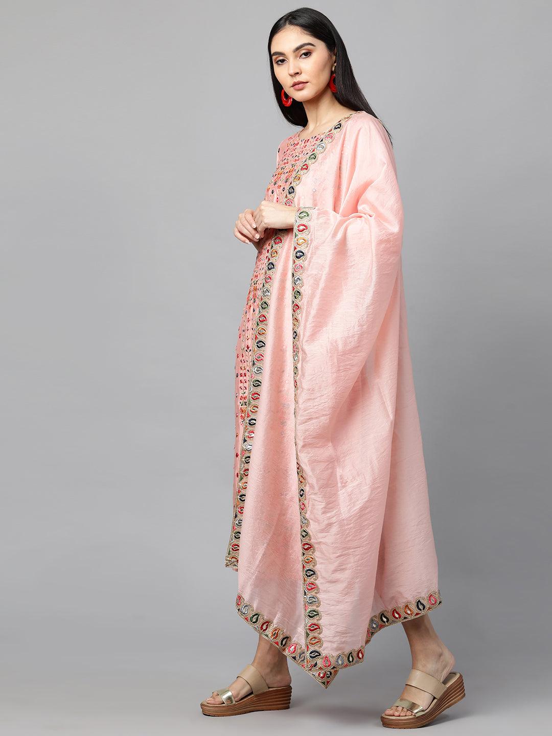 Floral Mirror Embroidered Kurta with Solid Pant and Dupatta - Peach - Indiakreations