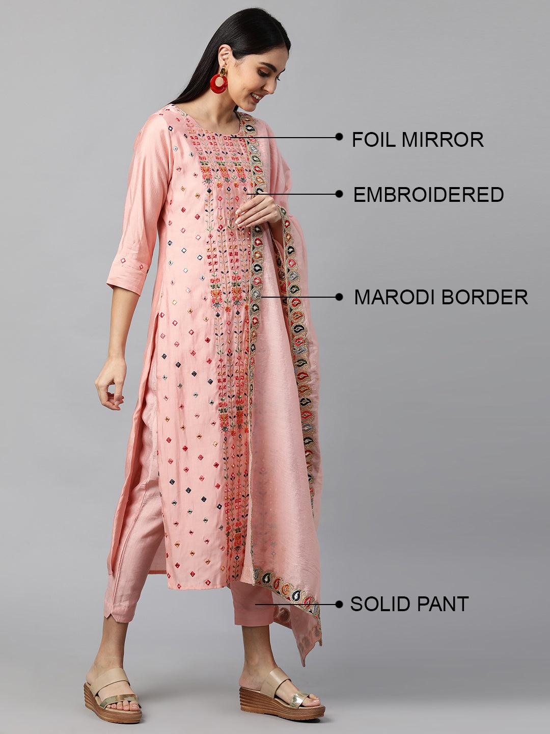 Floral Mirror Embroidered Kurta with Solid Pant and Dupatta - Peach - Indiakreations