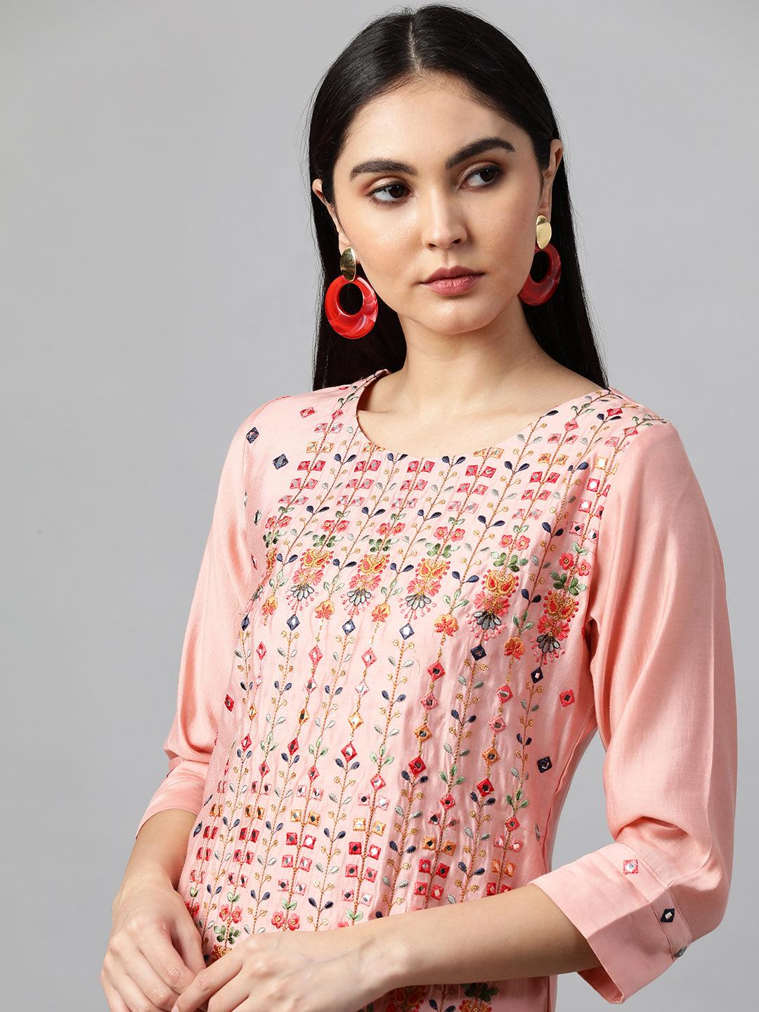 Floral Mirror Embroidered Kurta with Solid Pant and Dupatta - Peach - Indiakreations