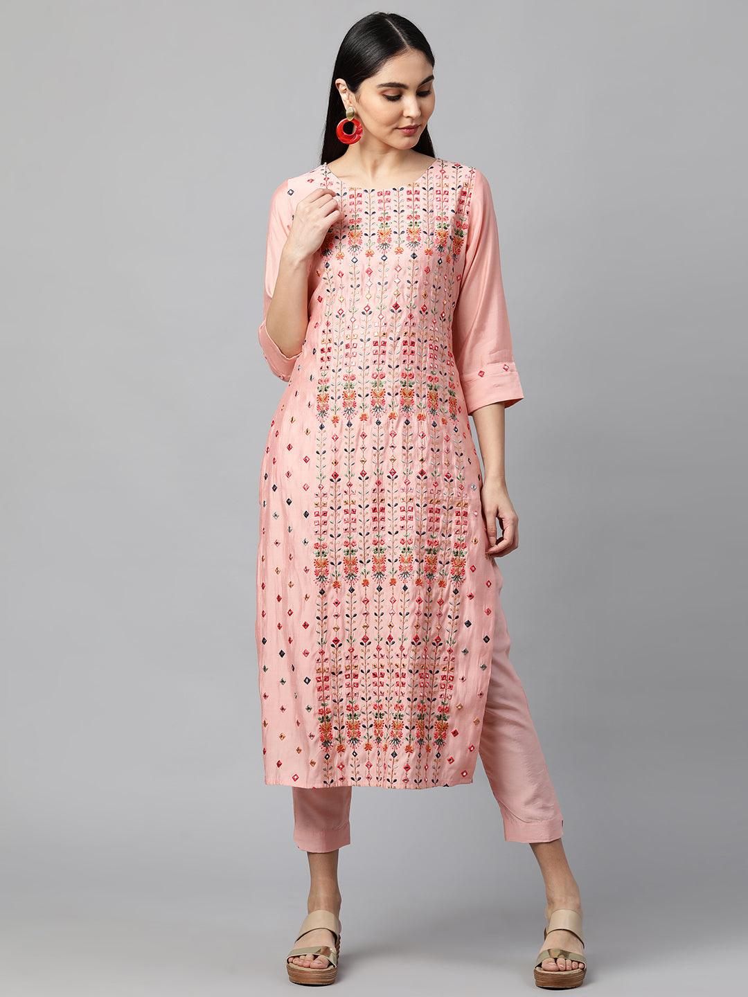 Floral Mirror Embroidered Kurta with Solid Pant and Dupatta - Peach - Indiakreations