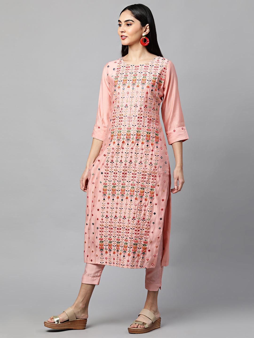 Floral Mirror Embroidered Kurta with Solid Pant and Dupatta - Peach - Indiakreations