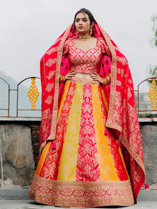 Bright Pink & Mustard Yellow Unstitched Lehenga Enriched With Traditional Detailing All Over