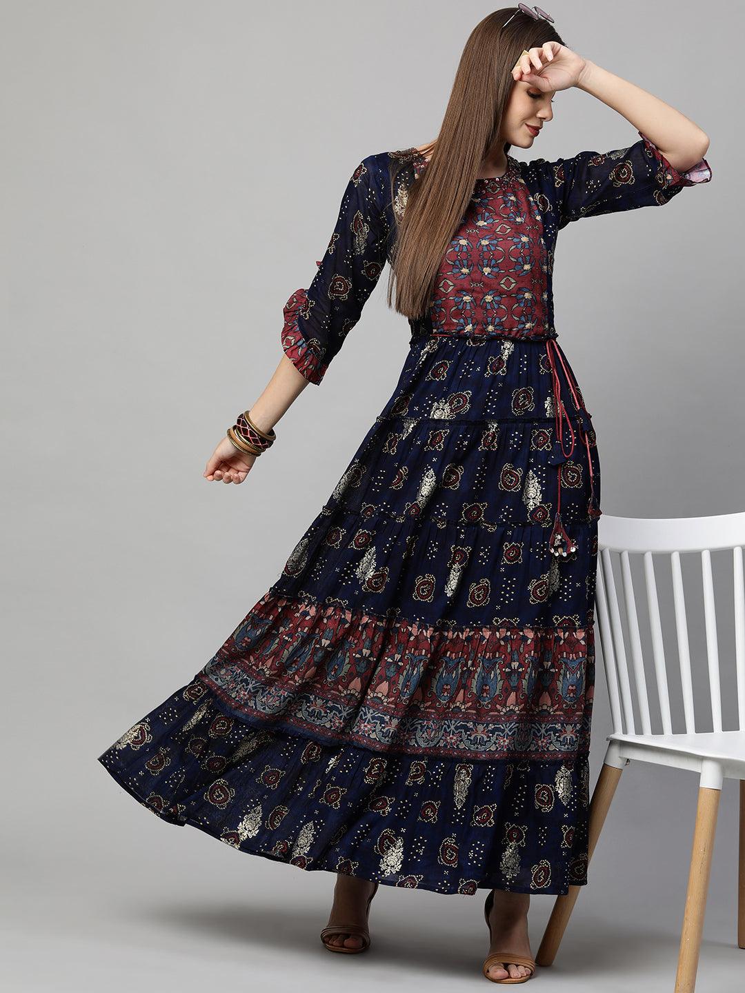 Ethnic Mix Printed Tiered Maxi Dress - Navy Blue - Indiakreations