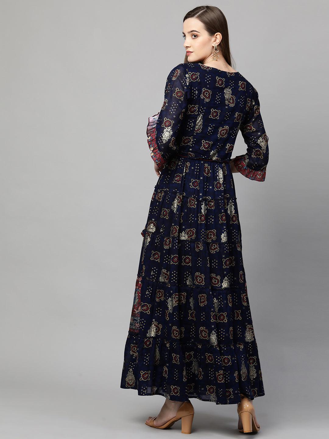 Ethnic Mix Printed Tiered Maxi Dress - Navy Blue - Indiakreations