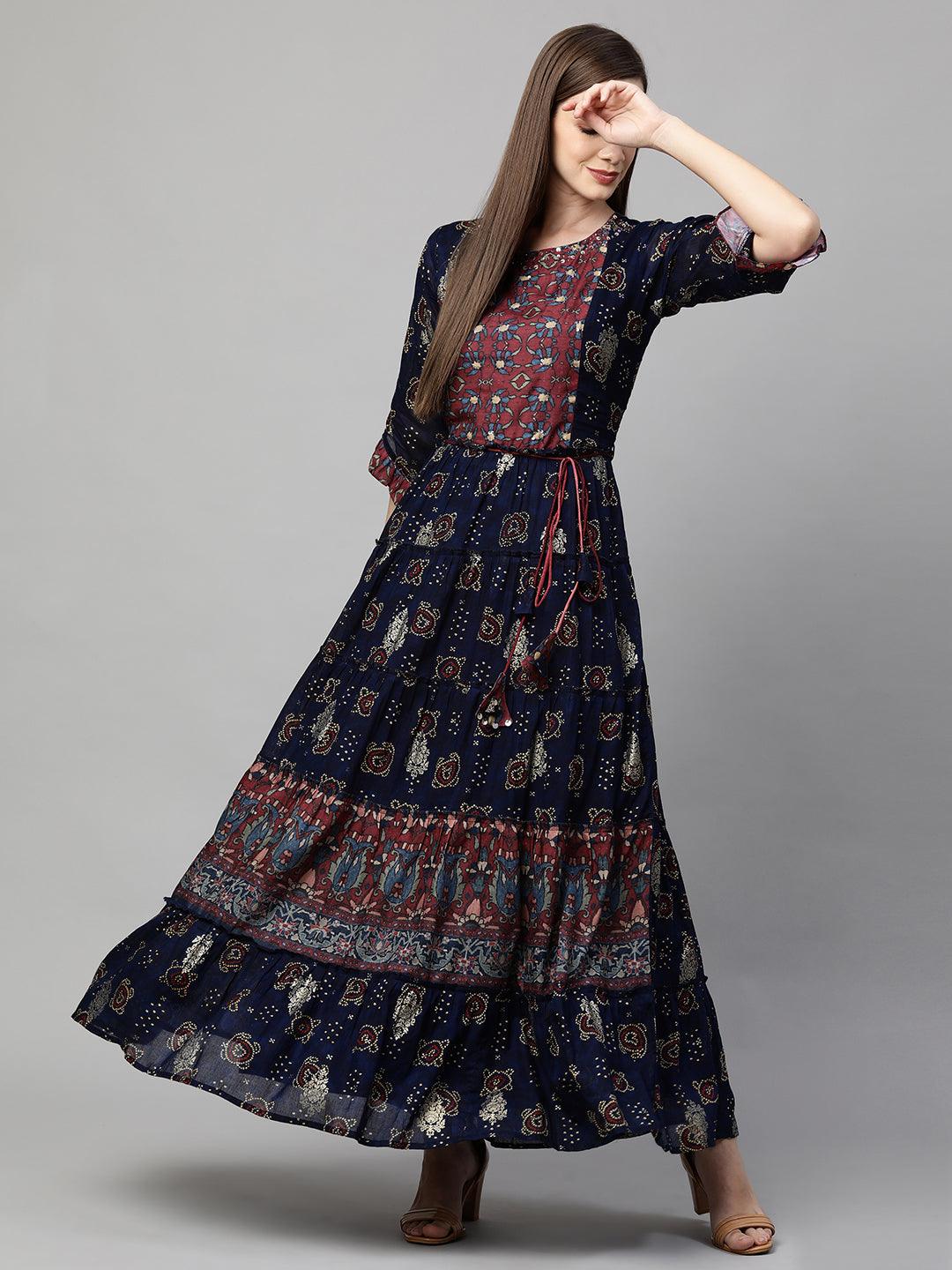 Ethnic Mix Printed Tiered Maxi Dress - Navy Blue - Indiakreations