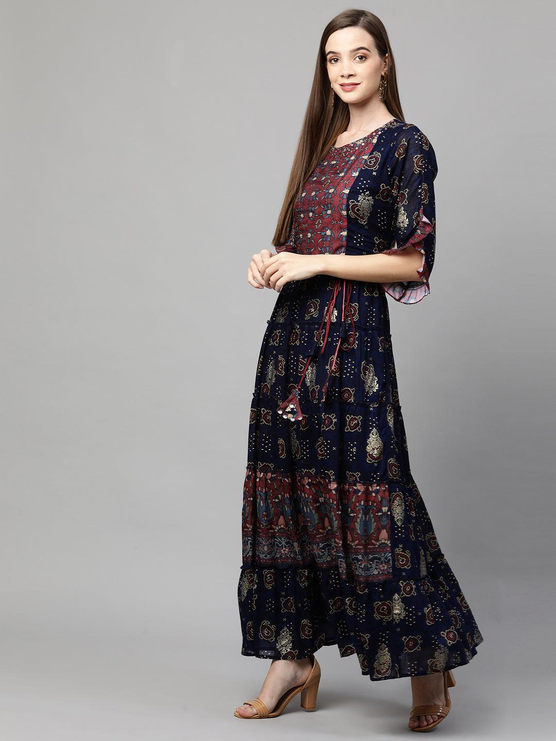 Ethnic Mix Printed Tiered Maxi Dress - Navy Blue - Indiakreations