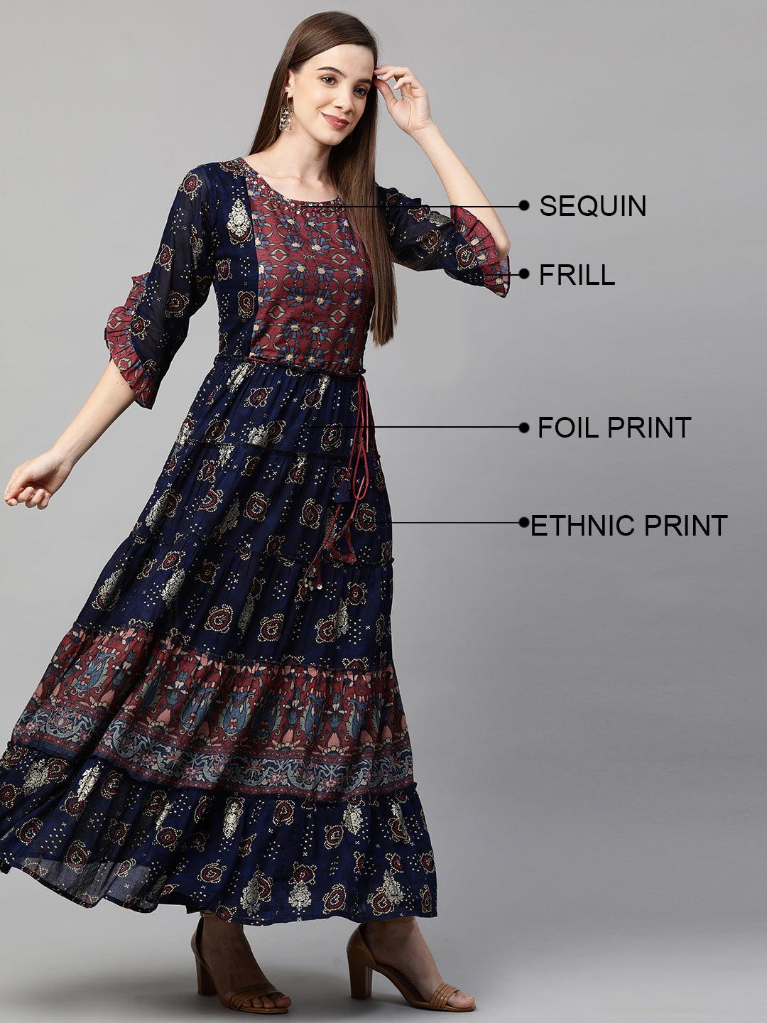 Ethnic Mix Printed Tiered Maxi Dress - Navy Blue - Indiakreations