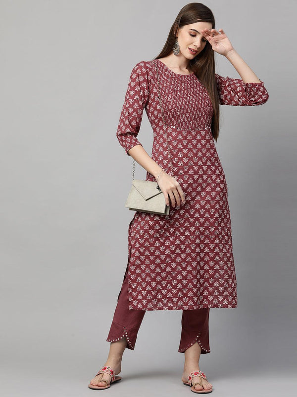 Ethnic Printed & Smocked with Pant – Rust - Indiakreations