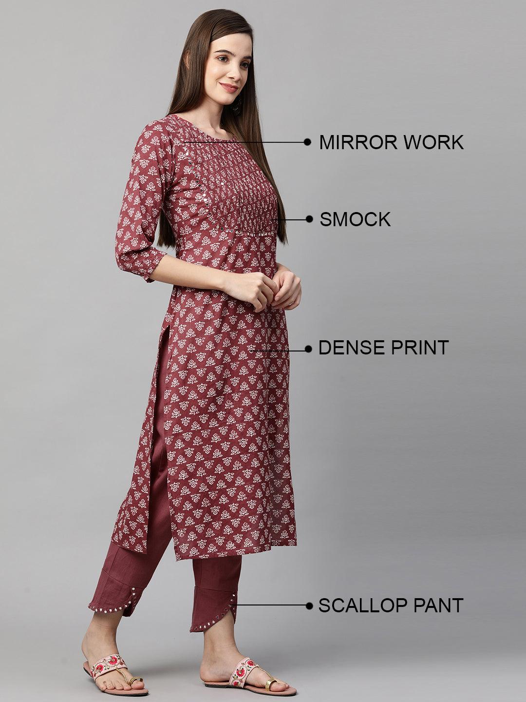 Ethnic Printed & Smocked with Pant – Rust - Indiakreations